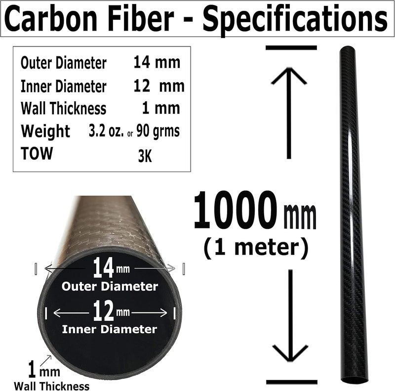 KARBXON CARBON FIBER TUBE - Black - 14mm X 12mm X 1000mm - Hollow carbon fiber rods - Glossy carbon tubes - Pure carbon fibre tubes - Lightweight High Strength Carbon Fiber Shaft - Image 2